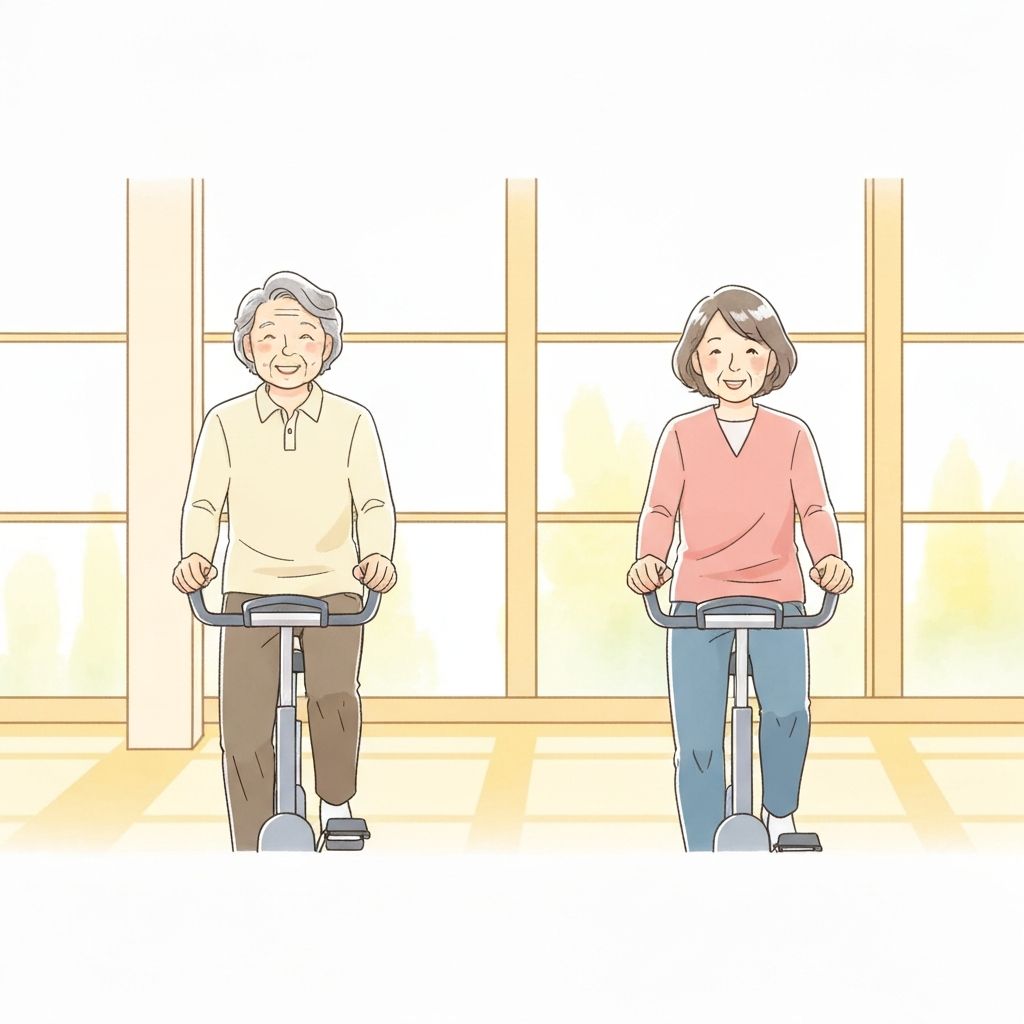 60代のシニアがジムで楽しく運動している様子