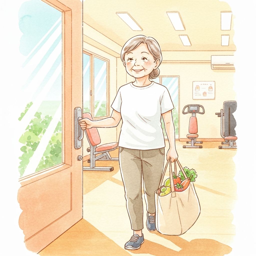 普段着のままジムに入る女性のイラスト